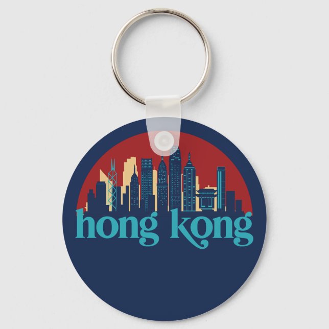 Hong Kong China Retro City Skyline Cityscape Art Nyckelring (Framsida)