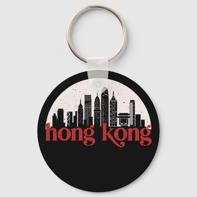 Hong Kong China Vintage City Skyline Cityscape Nyckelring (Framsida)