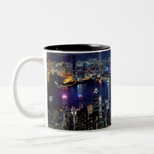 Hong Kong City Skyline Ljus i natt Två-Tonad Mugg (Vänster)