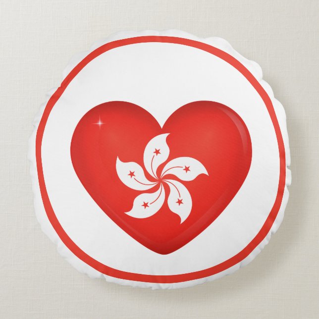 Hong Kong Flagga Hjärta Rund Kudde (Framsidan)