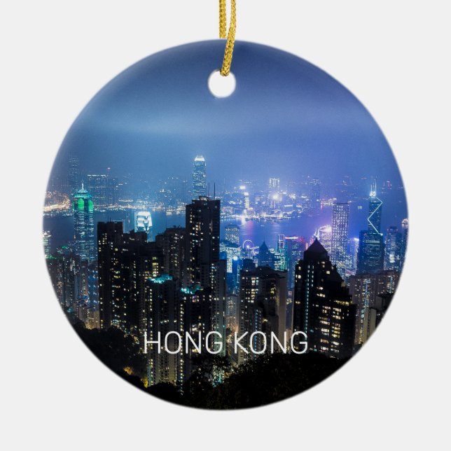 Hong Kong Island Skyline Panorama Night Souvenir Julgransprydnad Keramik (Framsidan)