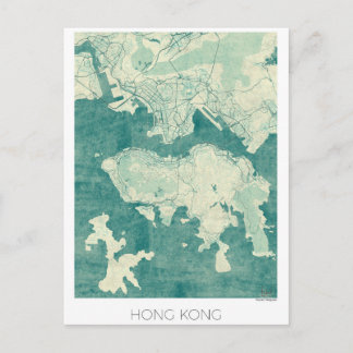 Hong Kong Karta Blue Vintage Watercolor Vykort