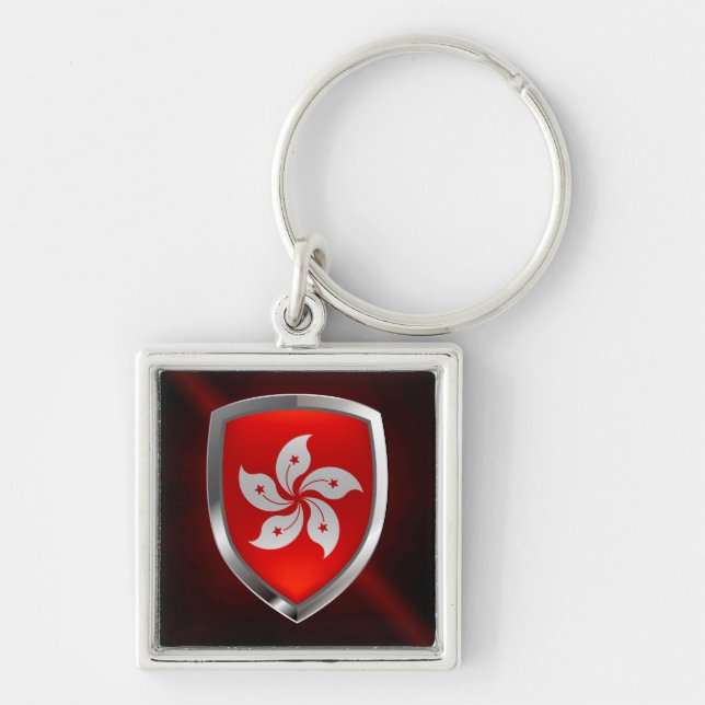 Hong Kong Metallic Emblem Fyrkantig Silverfärgad Nyckelring (Framsidan)