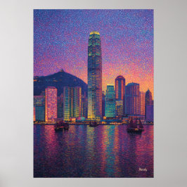 Hong Kong Siluett Punktualism Solnedgång Stadsscen Poster
