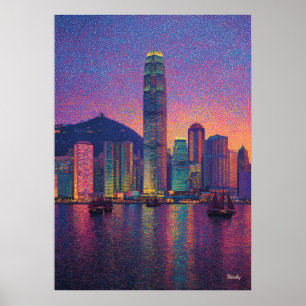 Hong Kong Siluett Punktualism Solnedgång Stadsscen Poster