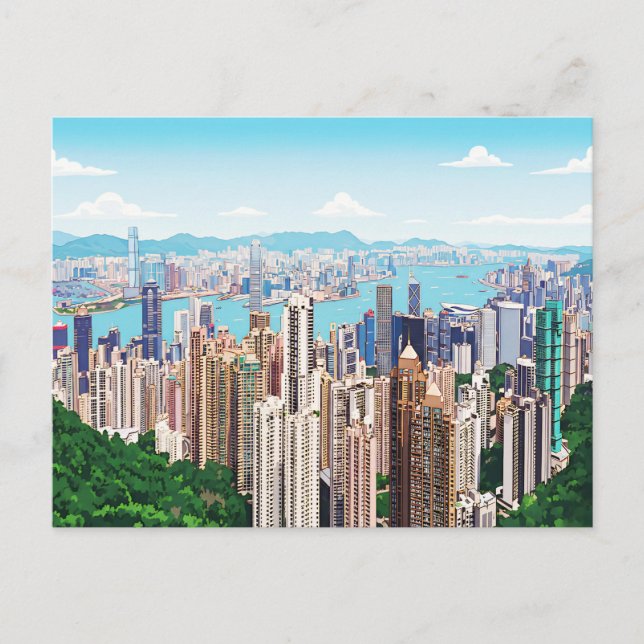 Hong Kong skyline panoramic view postcard Vykort (Framsida)