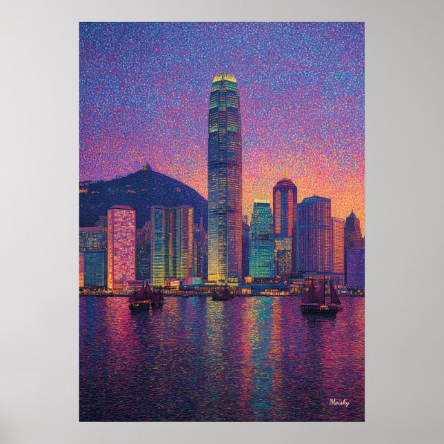 Hong Kong Skyline Pointillism Sunset Cityscape Poster (Framsidan)
