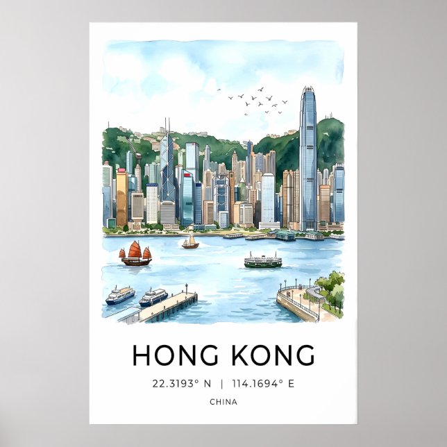 Hong Kong Skyline Väggkonst - Akvarellhamn (Framsidan)