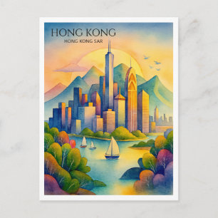 Hong Kong Skyline Watercolor Vykort Resa Gif