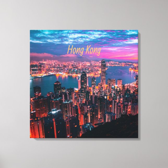 Hong Kong Skyscraper Skyline Night Ljus Canvastryck (Framsida)