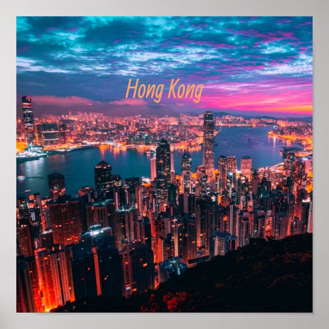 Hong Kong Skyscraper Skyline Night Ljus Poster (Framsidan)