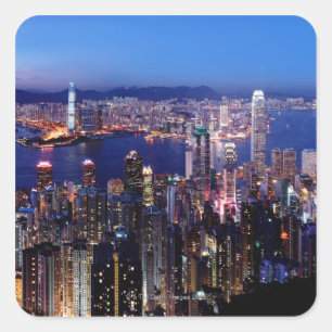Hong Kong Victoria hamn på natten Fyrkantigt Klistermärke