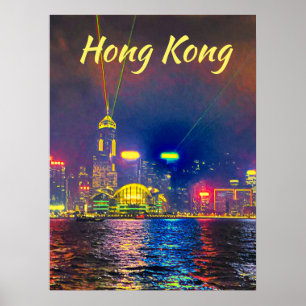 Hong Kong vid nattens moderna resevägg-dekanter Poster