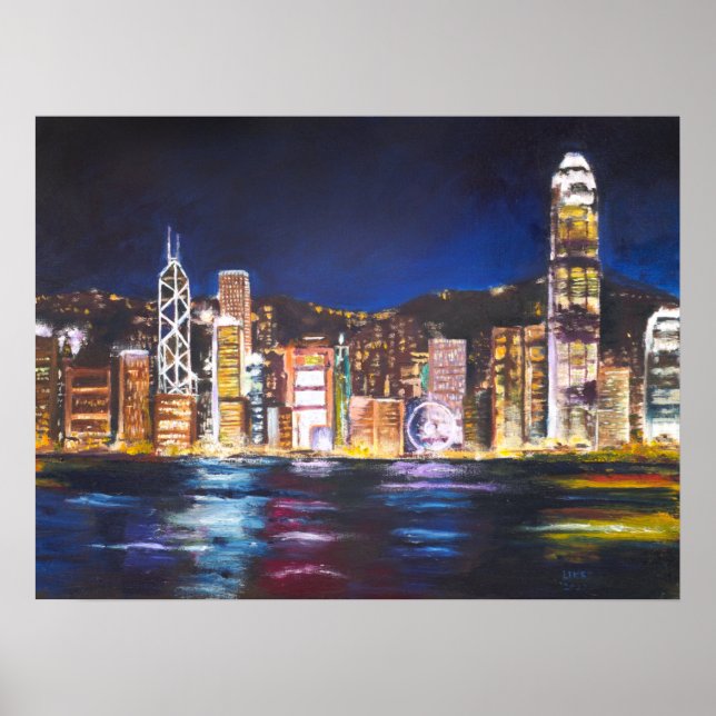 Hong Kong Vitoria Harbour night view oljemålning Poster (Framsidan)