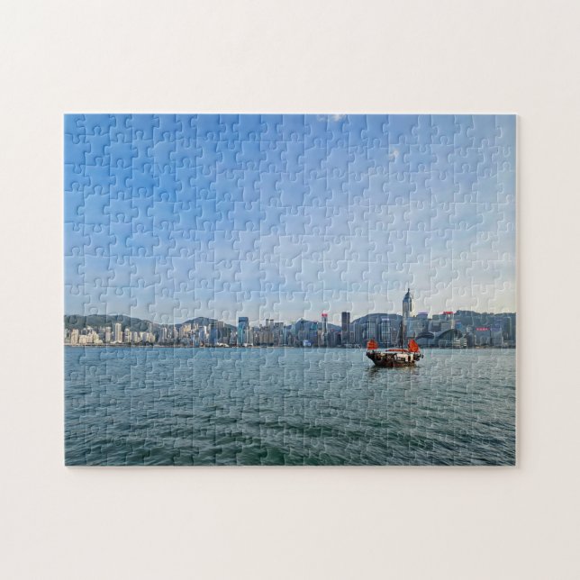 Hong Kongs siluett och båtvy pussel (Horisontell)