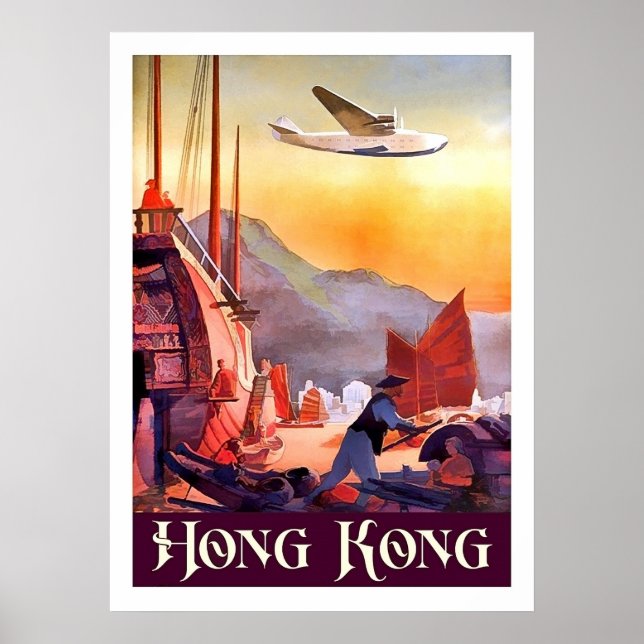 Hongkong, båtar i stadshamn, vintage flygbolag poster (Framsidan)