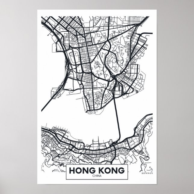 Hongkong, China | Svartvit Karta Poster (Framsidan)