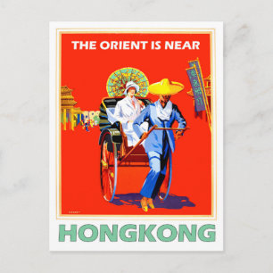 Hongkong, kvinna i rickshaw, vintage resor vykort
