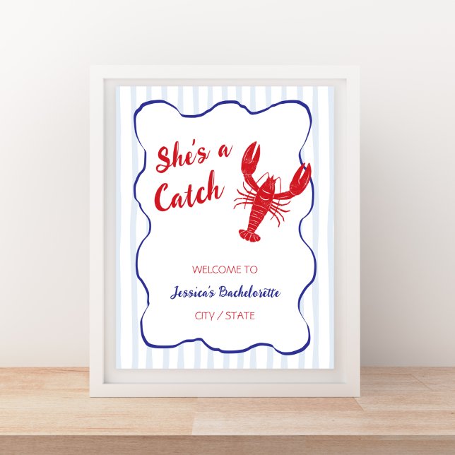 Honingsömål Lussbåtsmöhippa Välkommen Poster (She’s a Catch Lobster Bachelorette Welcome Poster)
