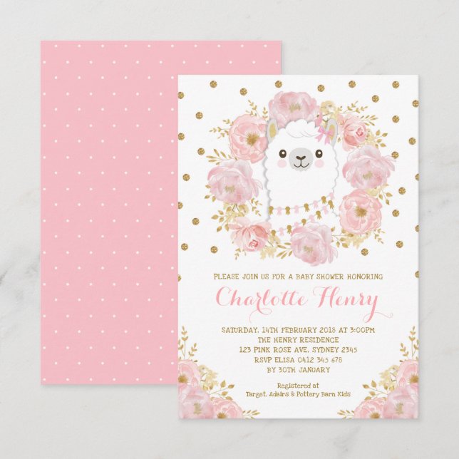 Honinine Llama  Rosa Guld Blommigt Baby Shower Inbjudningar (Fram/baksida)