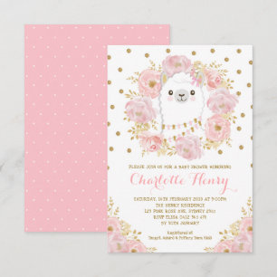 Honinine Llama Rosa Guld Blommigt Baby Shower Inbjudningar