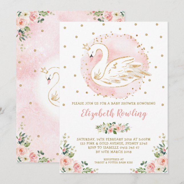 Honinine Svan Princess Rosa Guld Baby Shower Inbjudningar (Fram/baksida)