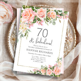 Honinpersikor | Rosa ros Blommigt 70:e födelsedage Inbjudningar