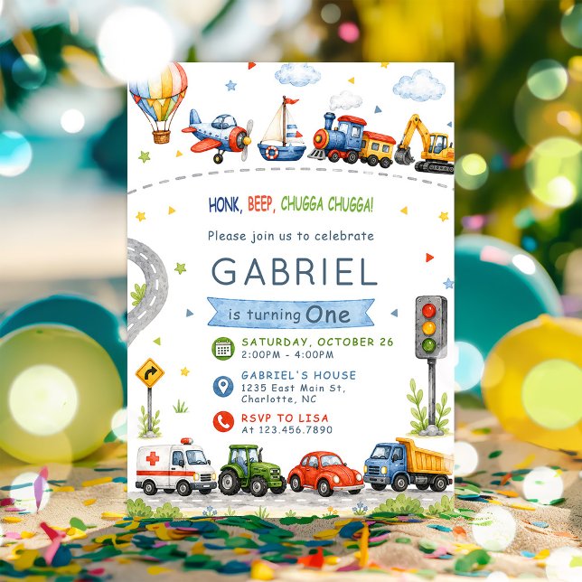 Honk, Beep, Chugga Chugga Transport Födelsedag Inbjudningar (Skapare uppladdad)