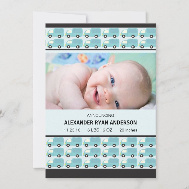 Honk! Blå lastbilar Baby pojke födelse meddelande (Framsida)