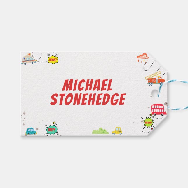 Honkpipor vroom lycklig fordon pojkfödelsedag presentetikett (Framsidan (Horisontell))