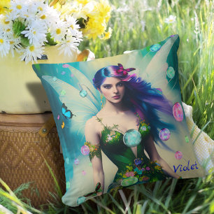 Honlig Blue Hair Fairy Porträtt i Grönt Dress Kudde
