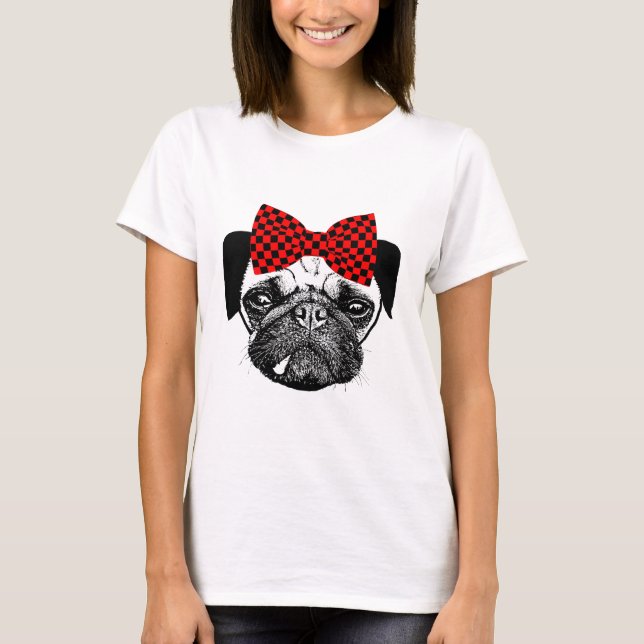 Honlig Pug Red Checkerss Bow Original Pets Art T Shirt (Framsida)