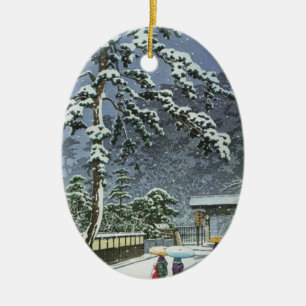 Honmonji tempel i snö - Kawase Hasui 川瀬巴水 Julgransprydnad Keramik