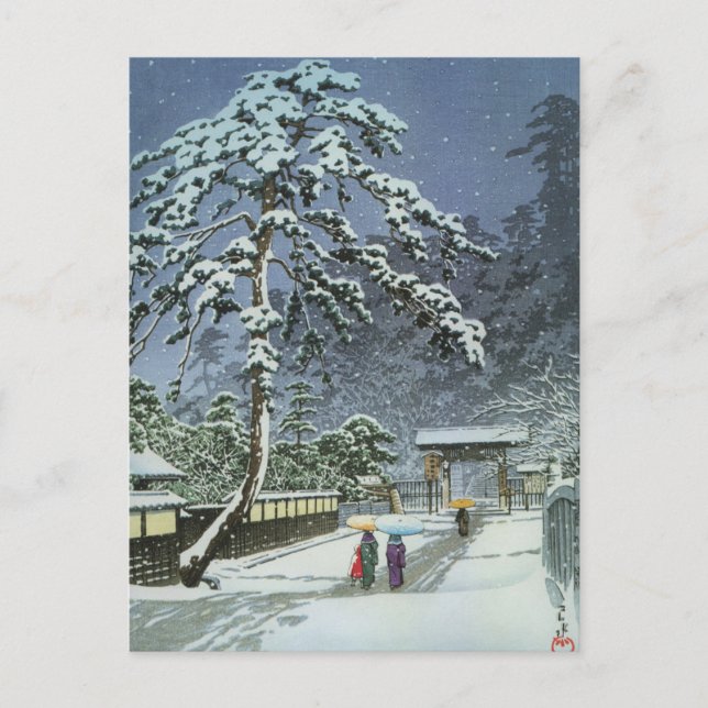 Honmonji tempel i snö - Kawase Hasui 川瀬巴水 Vykort (Framsida)
