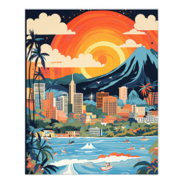 Honolulu Beach Poster Ljusa färger AI-genererad