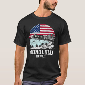 Honolulu City Hawaii American Flag T Shirt