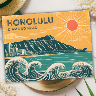 Honolulu Diamond Head Oahu Waikiki Retro Minimal Vykort
