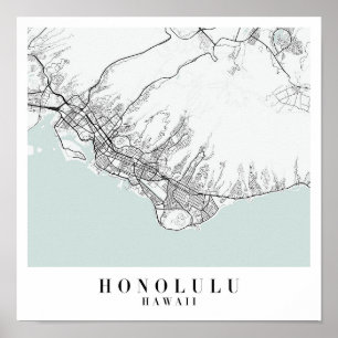 Honolulu Hawaii Blue Vatten Street Karta Poster