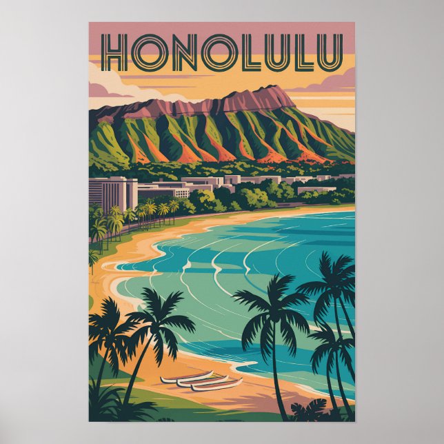 Honolulu Hawaii Illustration Resa Konst Vintage Poster (Framsidan)