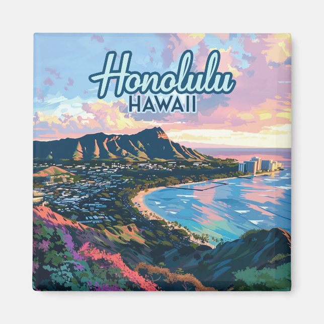 Honolulu Hawaii Oahu Waikiki Beach Diamondhead Magnet (Framsidan)