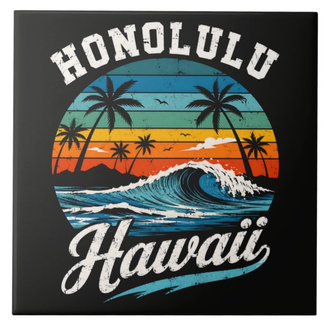 Honolulu Hawaii Surf Solnedgång Kakelplatta (Framsidan)