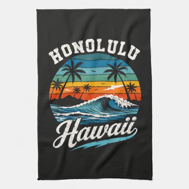 Honolulu Hawaii Surf Solnedgång Kökshandduk (Vertikal)