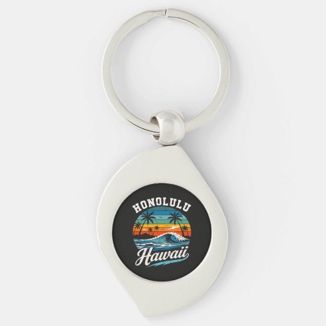 Honolulu Hawaii Surf Solnedgång Swirl Silverfärgad Nyckelring (Framsidan)