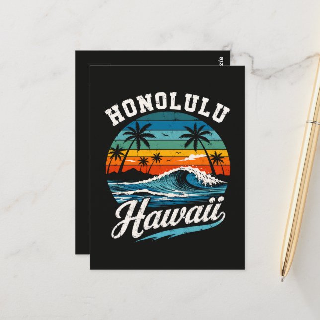 Honolulu Hawaii Surf Solnedgång Vykort (Fram/Back In Situ)