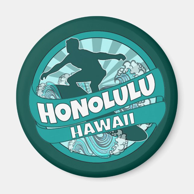 Honolulu Hawaii teal surfer logotyp magnet (Framsidan)