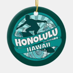 Honolulu Hawaii teal surfer logotyp ornament