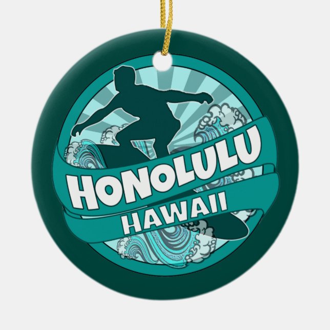 Honolulu Hawaii teal surfer logotyp ornament (Framsidan)
