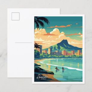 Honolulu Hawaii Travel Vintage illustration Vykort