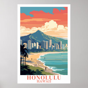 Honolulu Hawaii Vintage Resa Waikiki Beach Konst Poster