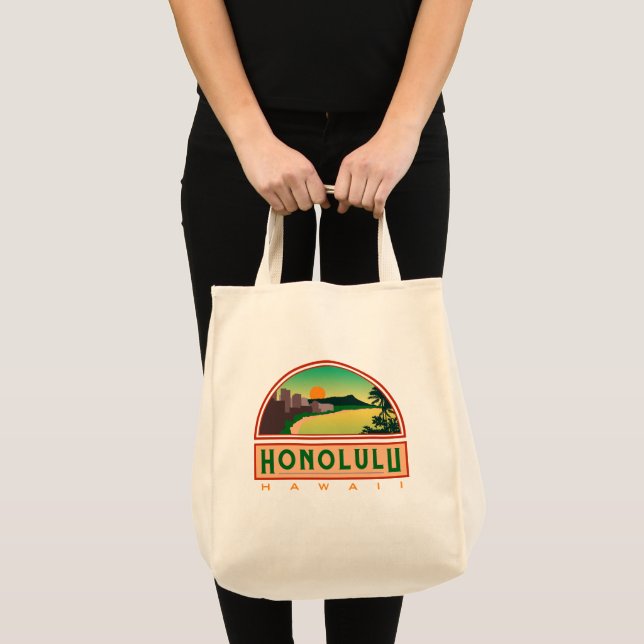 Honolulu Hawaii Waikiki Tote Bag Tygkasse (Framsida (produkt))